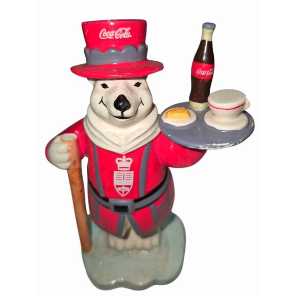 Coca-Cola Polar Bear Figurine Beefeater Style Ceramic Collectible W/ Tray & Bott - Picture 1 of 7
